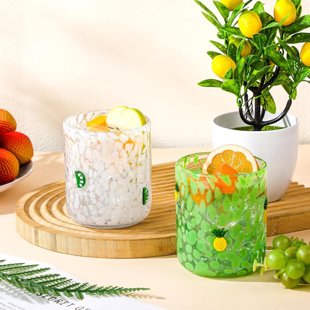 2 Pcs Summer Icon Juice Glass 14 oz Pineapple Lemon Summer Party Whiskey Glass Fruit Icon Hand Blown Cocktail Drinking Glasses Cups for Holiday Hawaii Drinkware Home Decor Lovely Gifts