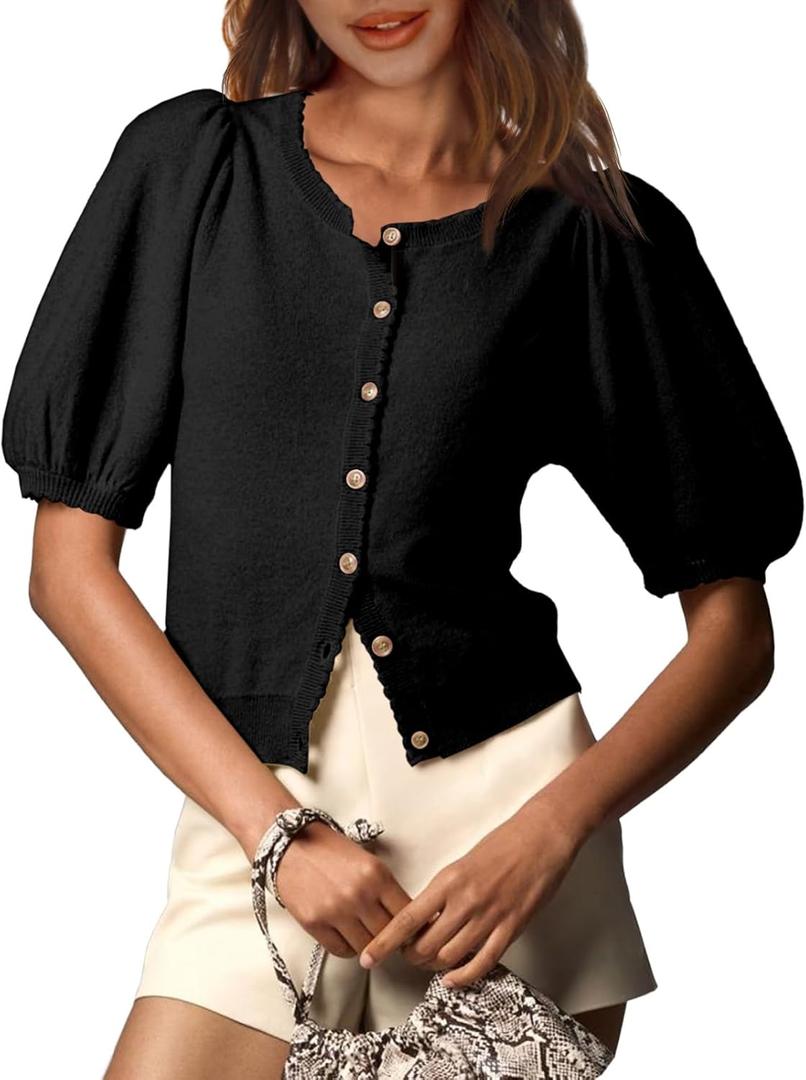 Saodimallsu Womens Puff Short Sleeve Cardigan Lightweight Summer Button Down Shirts Knit Crew Neck Sweater Tops (Large, Black)