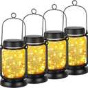 Mlambert 4 Pack Solar Hanging Lantern with Stakes, Outdoor Waterproof Solar Mason Jar Fairy String Lights Decorative Vintage Glass Lamp-Warm White