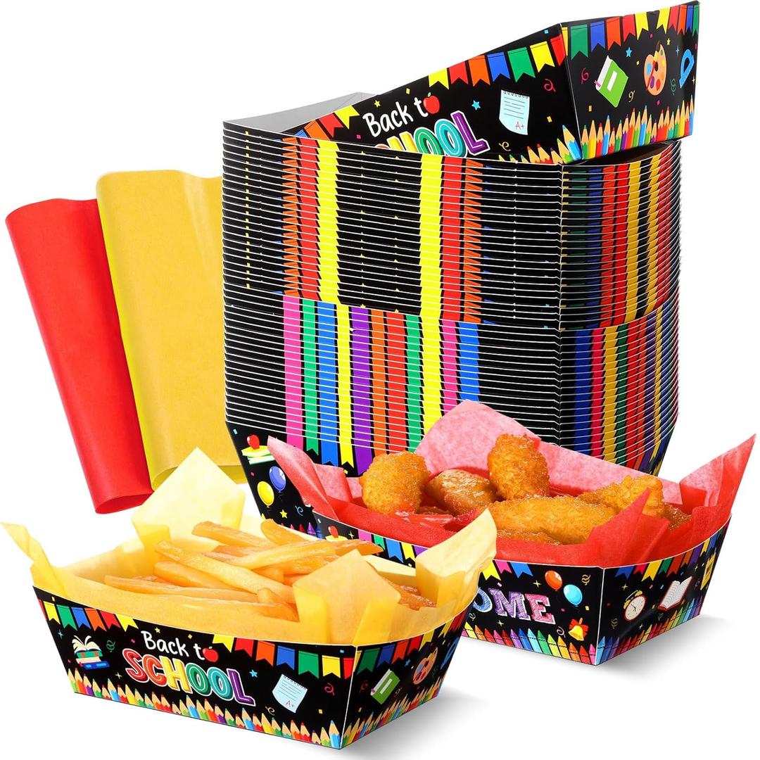 50 Set Back to School Food Trays with Wax Paper Trays Disposable Nacho Snack Boats Paper Food Holder for Welcome First Day of School Party Supplies Decoration