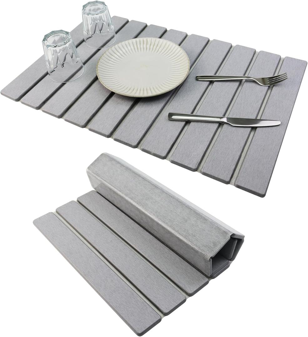 Large Stone Drying Mat for Kitchen Counter Diatomaceous Earth Collapsible 24L*16WSuper Heat Resistant Mats, Quick Absorbent Dish Drying RackLight Gray (23.6" x 15.4")