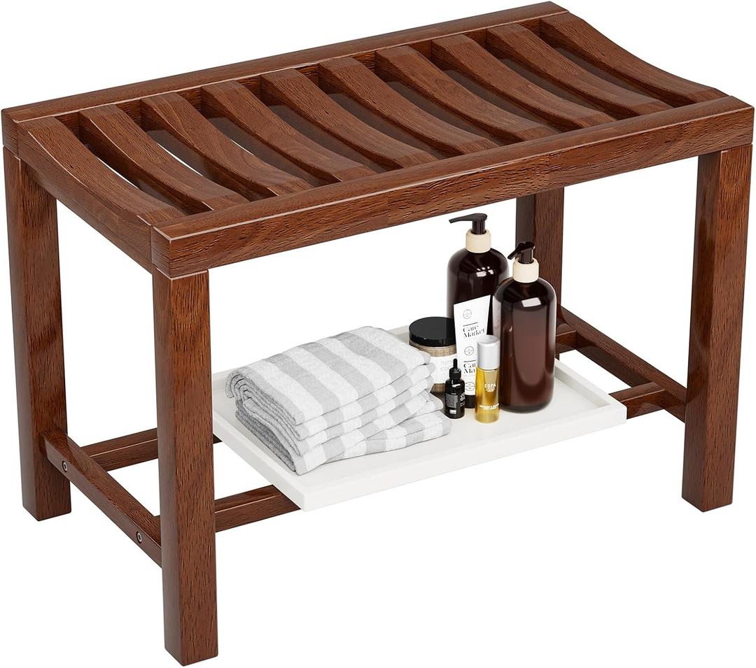 Rubber Wood Shower Bench, Non-Slip Waterproof Wooden Shower Stool for Adults & Elderly, Sturdy Bath Seat for Inside Shower or Tub 24.02" D x 14.96" H x 6.3" W