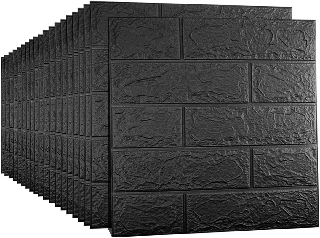 20 PCS Black 3D Wall Panels, 29 sq.feet Coverage Printable Wallpaper Sticker with Self-Adhesive Waterproof Brick PE Foam Wall Panels Peel and Stick for Interior Wall Decor, Home Decoration