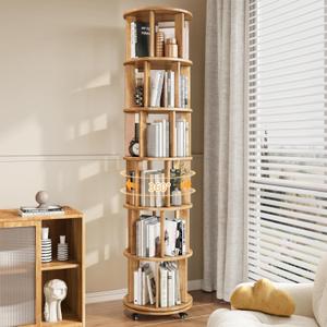 6 Tier Bookshelf Tower, 360 Solid Wood Spinning Bookcase with Swivel Wheels, Floor Standing Book Shelf for Small Space, Bookshelf for Home Office Study Room Bedroom Living Room (Natural)
