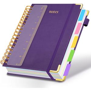 Hardcover Spiral Notebook 8"x10" Journal Notebook with Tabs and Removable Dividers 300 Pages 5 Subject Notebook College Ruled, Faux Leather Spiral Bound Notebook for Women School Work (Purple)