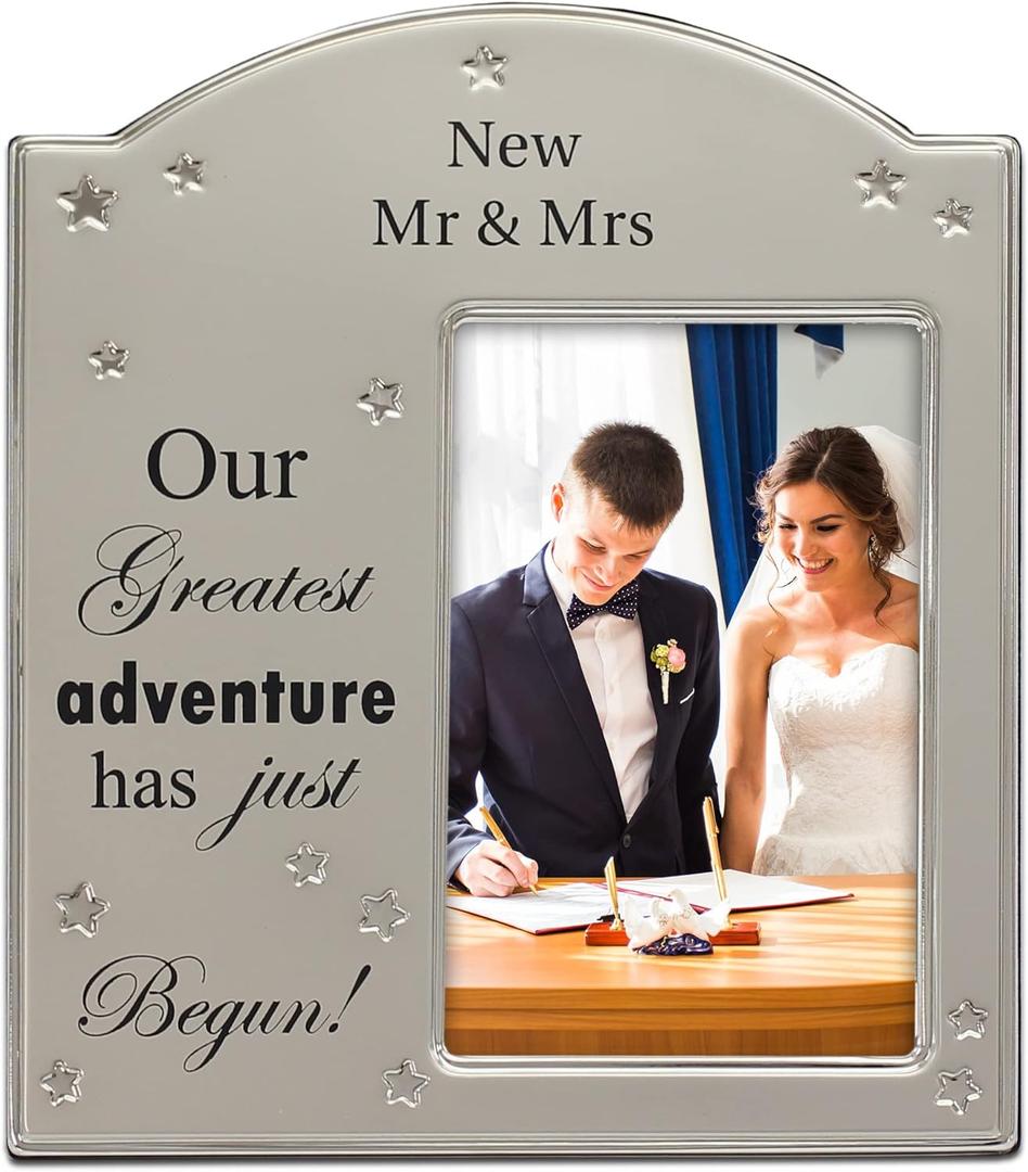 MIMOSA MOMENTS Silver Metal Wedding Photo Frame,4X6 Mr. and Mrs. Picture Frame for Couples, Display on Tabletop