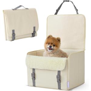 Lesure Dog Car Seat for Small Dogs, Foldable Pet Car Seat with Clip-On Safety Leash, Waterproof Puppy Booster Car Seat for Small Pets Under 25lbs, Portable Doggie Travel Carrier Bed, Light Ivory