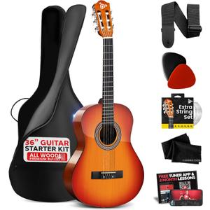 Pyle Beginner Acoustic Guitar Kit, 3/4 Junior Size All Wood Instrument with Full Accessory Kit, Picks, Shoulder Strap, Carry Case, Cleaning Cloth, Tuner App, 2 Month Lessons, 36 (Cherry Burst Gloss)