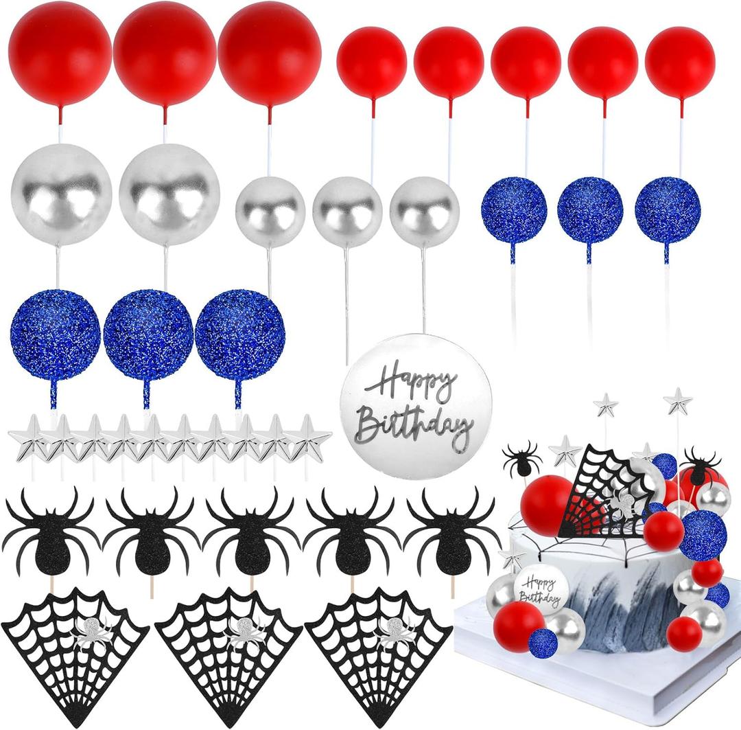 Jaciya Spider Birthday Cake Decorations Kit - 37Pcs Happy Birthday Cake Toppers Red Silver Blue Cake Balls Decorations