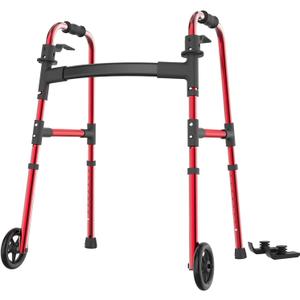 Folding Walkers for Seniors, Walker with Skis Lightweight 5'' Front Wheel Walker Height Adjustable Aluminum Standard Walker for Elderly and DisabledRed