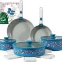 Ceramic Cookware Set Non Toxic with Detachable Handles, Healthy Nonstick Decal Pans and Pots Set 14 Pcs, Induction Dishwasher Oven Safe Kitchen Set, Turquoise with Bougainvillea
