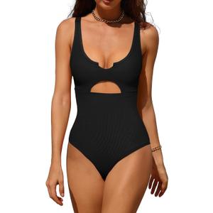 Charmo Ribbed One Piece Swimsuits for Women Cutout Scoop Neck Bathing Suit High Cut Padded Monokini (Medium, #1a Black)