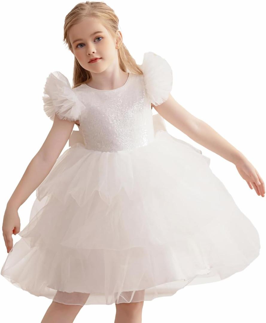 KAQININI Flower Girl Dress Ruffle Sleeve Layered Rainbow Holiday Fancy Satin Tulle Elegant Party Formal Communion Gown (White)