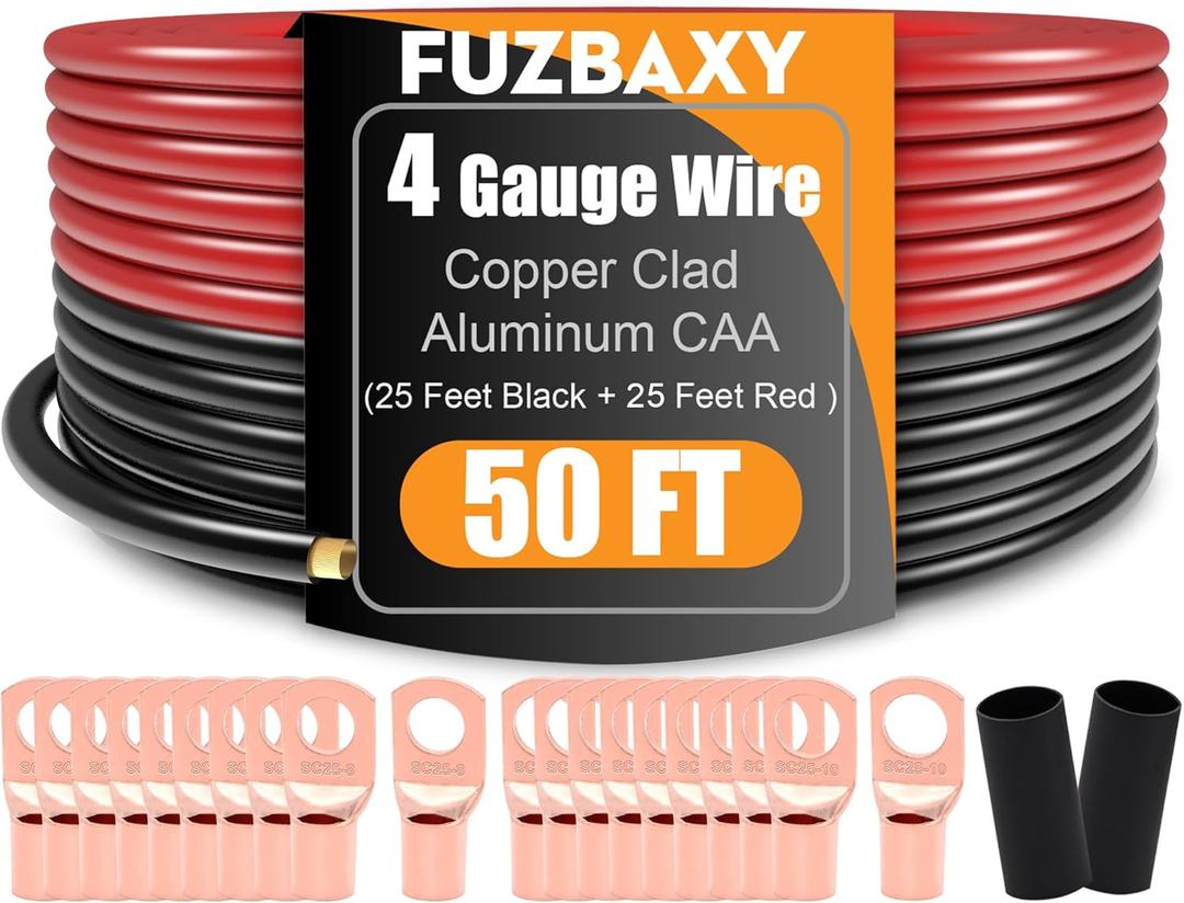 4 Gauge Wire (25Feet Black+25Feet Red) Copper Clad Aluminum CCA - Primary Automotive Power Inverter Wire,20PCS Lugs Terminal Connectors,20PCS Heat Shrink Tubing for Car Audio
