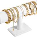 TENINYU Hovering T-Bar Bracelet Necklace Earring Bangle Pendants Anklet Tower Watch Key Jewelry Display Stand for Home Organization (White Leatherette)