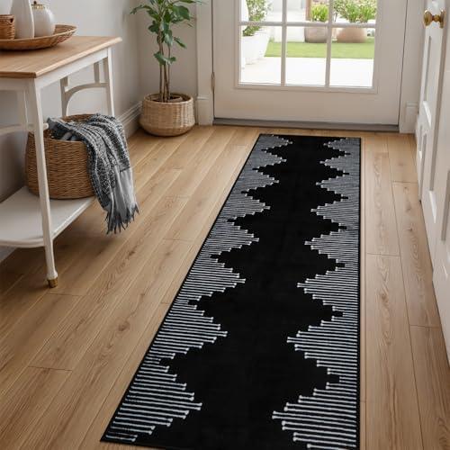 Seavish Black Runner Rug 32x90 Kitchen Runner Rugs Non Skid Washable Low Pile Thin Rugs for Entryway Indoor Bohemian Stripe Hallway Runner Rug Non Shedding Boho Floor Carpet Runner for Bedroom Laundry