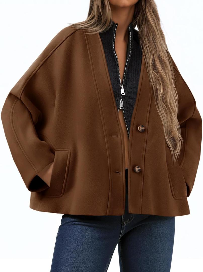 Yousify Womens Cropped Wool Blend Pea Coat Casual V Neck Button Down Short Jackets Fall Shackts with Pockets (Medium, Brown)