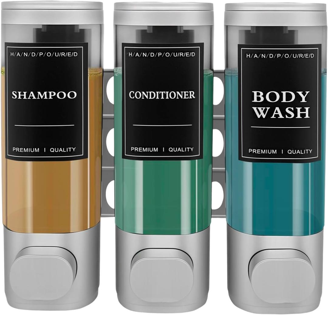 3-Chamber Wall Mount Shower Dispenser - No-Drill Adhesive or Drill Mount - Refillable Shampoo, Conditioner & Body Wash Dispenser for Home, RV & Hotel - Eco-Friendly & Compact (Silver)