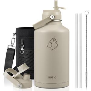 BUZIO 64oz Insulated Water Bottle, Half gallon Stainless Steel Jug (Cold for 48 Hrs), Triple Wall Vacuum Large Metal Flask with Leakproof Straw Lid and Carry Sleeve, Greige