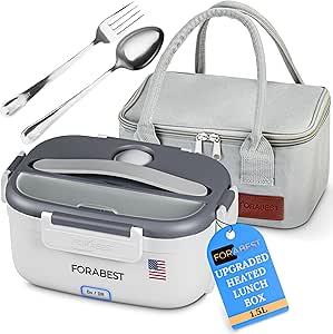 FORABEST Heated Lunch Box, 80W Electric Lunch Box for Adults, Portable Food Warmer with 1.5L Stainless Steel Container, Utensils & Carry Bag, On/Off Switch, 12V/24V Car/Truck & 110/120V Home/Office