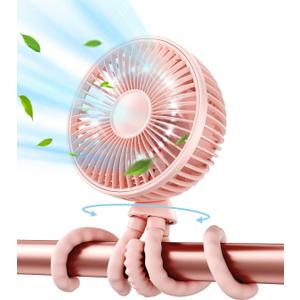 Gaiatop Baby Stroller Fan, 4000mAh Oscillating Mini Portable Fan with Light, 4 Speeds Battery Operated Small Handheld Desk Fan, 360 Rotate Flexible Tripod Clip On Fan for Car Seat Crib Travel Pink