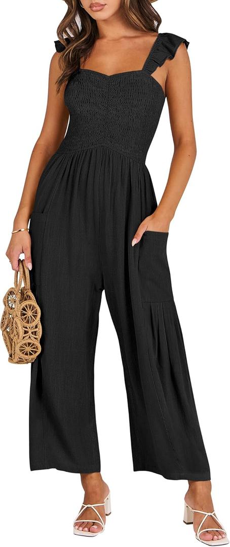 ANRABESS Women Summer Casual Dressy Sleeveless Smocked Wide Leg Linen Jumpsuits Rompers 2026 Trendy Travel Outfit Pocket (Small, Black)
