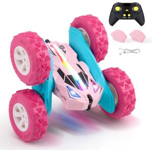 Threeking Remote Control Car RC Cars Toys for Girls Boys Ages 6-12, Upgraded USB-C Modular Batteries, 4WD Stunt Car with Breathing Soft Lights, Double-Sided Driving & 360 Flips, Presents Gifts, Pink