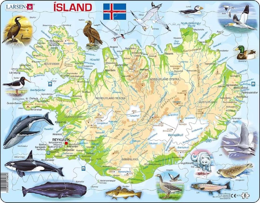 Larsen Puzzles Iceland Map with Animals 81 Piece Children's Educational Jigsaw Puzzle