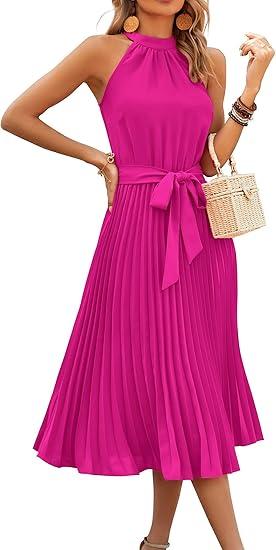 KIRUNDO Women's 2025 Summer Sleeveless Halter Neck Pleated Midi Cocktail Dresses A Line Flowy Beach Sun Dress with Belt, Size L