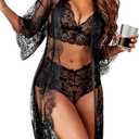 Avidlove Women Sexy Lingerie Set 3 Piece Bra and Panty Sets with Lace Kimono Robe Sleepwear Mesh Nightgown XL