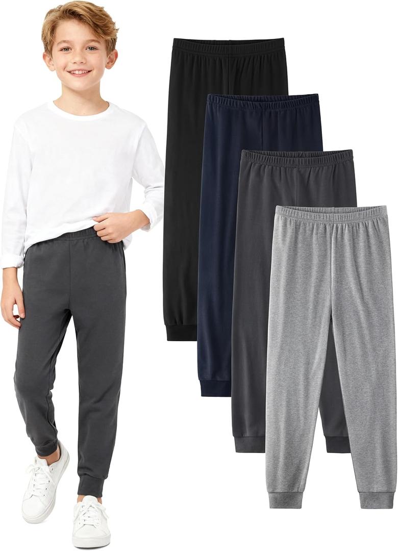4 Pack Boys Cotton Pants - Boys Long Underwear Thermal Pants Bottom Joggers for Sports Everyday Activities, Small