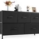 DUMOS Dresser for Bedroom, 5 Storage Drawers, Wide Fabric Closet Chests Organizer Tower Furniture with Wooden Top Metal Frame for Clothes, Guest Room, Living Room, Hallway, Entryway (11.8"D x 39.4"W x 20.9"H (5 Drawers), Black)