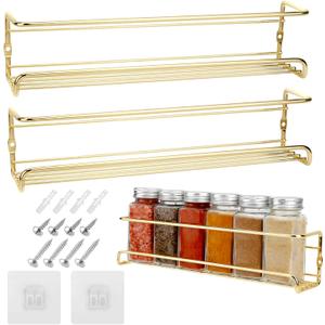 2 Pack Self Adhesive Wall Mounted Fridge Refrigerator Spice Racks,Metal Kitchen Seasoning Jar Organizer for Space Saver,Hanging Spice Organizer Shelf for Kitchen Cabinet,Wall,Pantry Door.Gold