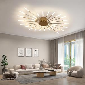 JAYMP 41.3" Ceiling Light Modern Flower Shape Ceiling Lamp for Dining Room Kitchen Hallway Flush Mount Metal Acrylic Sputnik Firework Petal LED Lighting Fixture (Matte Gold, 28 Lights)