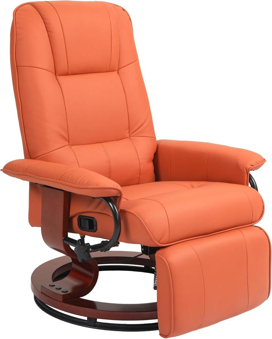 HOMCOM Swivel Recliner Chair, PU Leather Reclining Armchair with Retractable Footrest, Lounge Chair with Wood Base and Adjustable High Back for Small Spaces, Living Room, RV, Bedroom, Orange, 2.56 ft x 2.86 ft x 3.28 ft