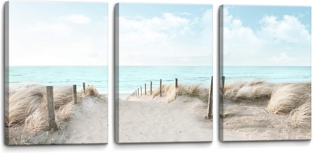 3 Piece Large Canvas Bedroom Wall Art Beach Blue Sea Blue Sky Print Picture Framed Wall Decor for Living Room Bathroom Modern Home Decor Artwork Ready to Hang Coastal Wall Decorations Size 16x24x3