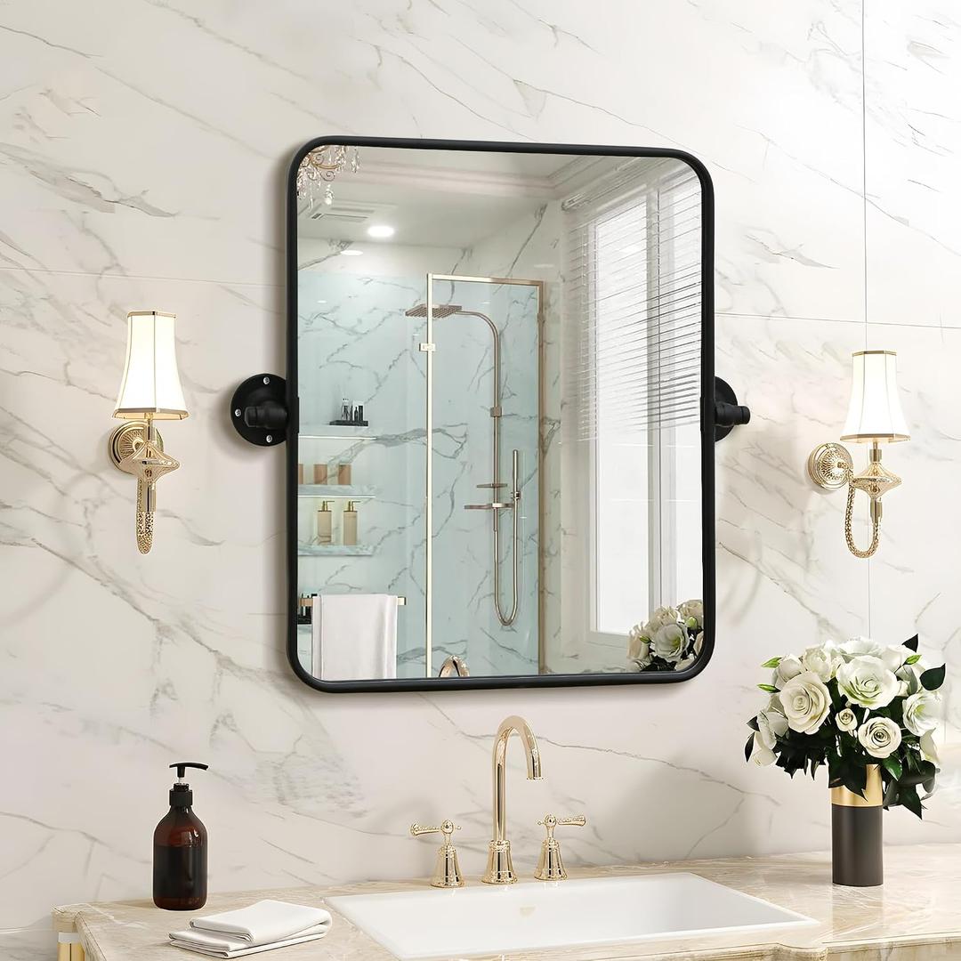 Besdomus Bathroom Pivot Wall Mirror: 20"x24" Black Tilting Beveled HD Glass