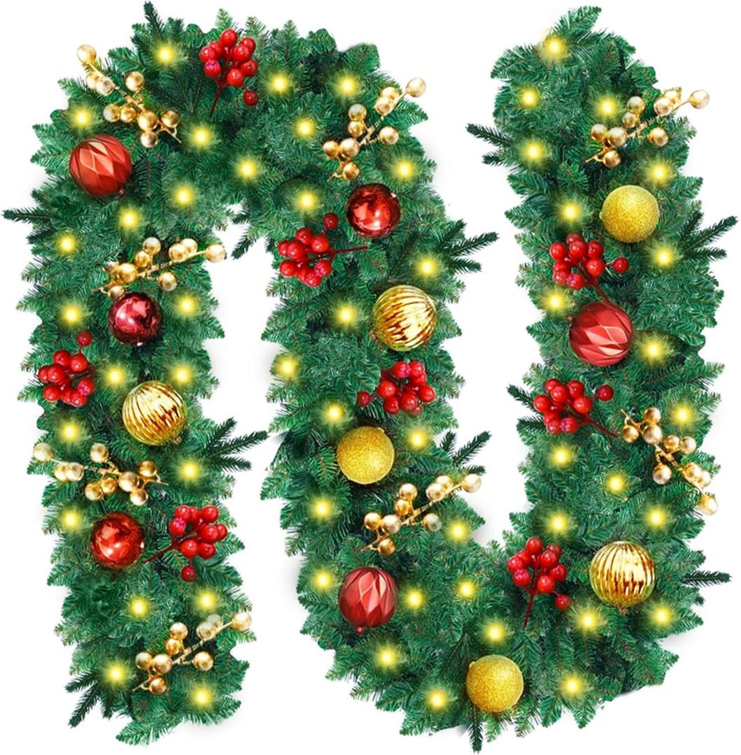 6 FT Christmas Garland with Lights, Battery Operated Lighted Garland with Pine Cones Red Berries Lush Branches, 50 LED Lights 8 Modes, Christmas Decorations Mantle Fireplace Indoor Outdoor Home