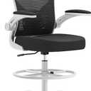 Ergonomic Drafting Chair, Tall Office Chair with Flip-up Armrests, Breathable Mesh High Desk Chair with Lumbar Support Adjustable Footrest Ring for Standing Desk Grey Black