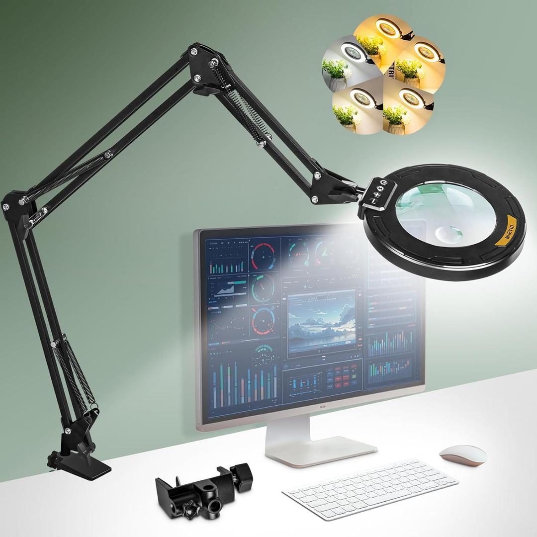 Ultra Long 3-Section Swing Arm 12X 30X Magnifying Glass with Light and Stand, 4-Way Metal Clamp Lighted Magnifier Lamp, 5 Color Modes LED Magnifying Lamp for Workbench Hobby12X/30X 35.2in Clamp