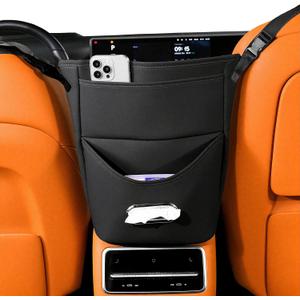 Between Seat Car Organizer with Tissue Holder, Car Purse Holder Between Front Seats, Car Storage Organizer in Between Seats, Leather Car Storage Pocket Between Seat for Most Vehicles (Black-1PC)