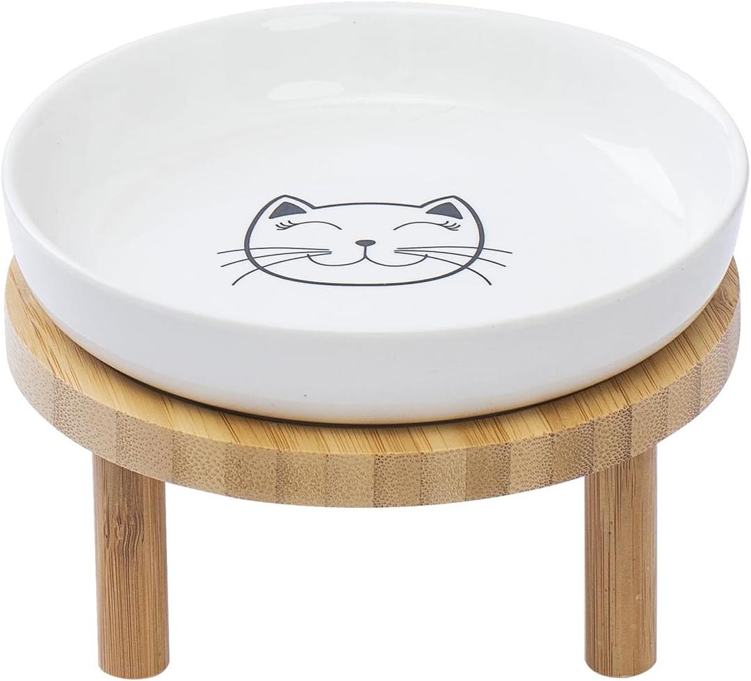 Lusifaco Shallow Elevated Cat Bowls,5.9 Inch Wide Raised Ceramic Cat Dishes with Bamboo Stand, Whisker Friendly Pet Water or Food Plates Feeding Station for Indoor Cats, Kitten(White,Set of 1)