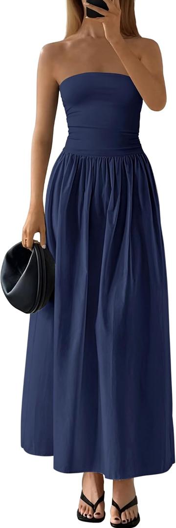 PRETTYGARDEN Women 2026 Summer Elegant Strapless Maxi Dress Tube Top Dress A Line Flowy Long Wedding Party Cocktail Dresses, Small