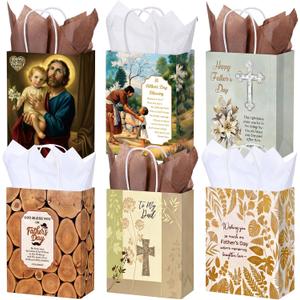Weetude 24 Pcs Father's Day Christian Gift Bags with Tissue Paper, Happy Father's Day Goodie Bags with Handle Religious Bible Verse Paper Bag for Men Dad Theme Party Favors