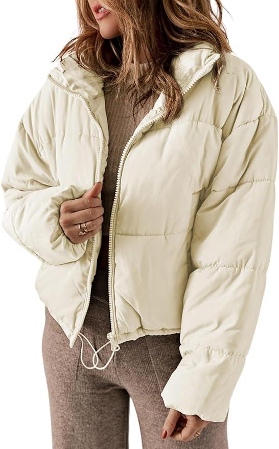 Womens Winter Quilted Jackets Long Sleeve Full Zip Puffer Jacket Coats with Pockets S