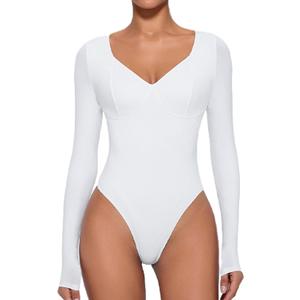 Avidlove Bodysuit for Women Long Sleeve Double Lined Tank Top V Neck Bodysuit Tummy Control Shapewear (Small, White)