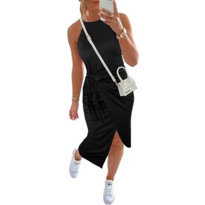 NOLLSOM Women Casual Sleeveless Striped Tank Midi Dresses Halter Neck Ruched Bodycon Dresses Tie Waist T Shirt Summer Dress (Medium, Solid Black)