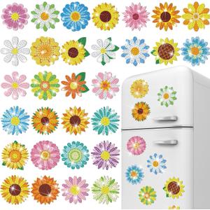 30 Pcs Diamond Art Magnets Refrigerator Easy Art Kits Fridge Diamond Painting Magnets Stickers for Adults DIY Home Decors Flower Butterfly(Daisy)