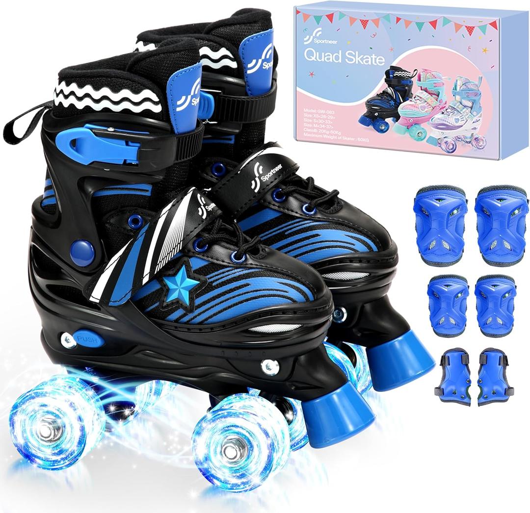 Sportneer Kids Roller Skates: 4 Size Adjustable Quad Skates with Light Up Wheels for 5-8, 8-12 Girls Boys Kids Toddlers Beginners, Birthday Gift with Protective Gear Set for Outdoor Indoor, S (30-33)