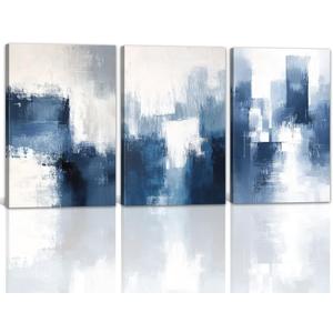 Large Abstract Wall Art Set of 3 Navy Blue Gray & White Picture Prints Modern Minimalist Canvas Paintings for Living Room Bedroom Bathroom Wall Decor Framed-16.00" x 24.00" x 3Pcs